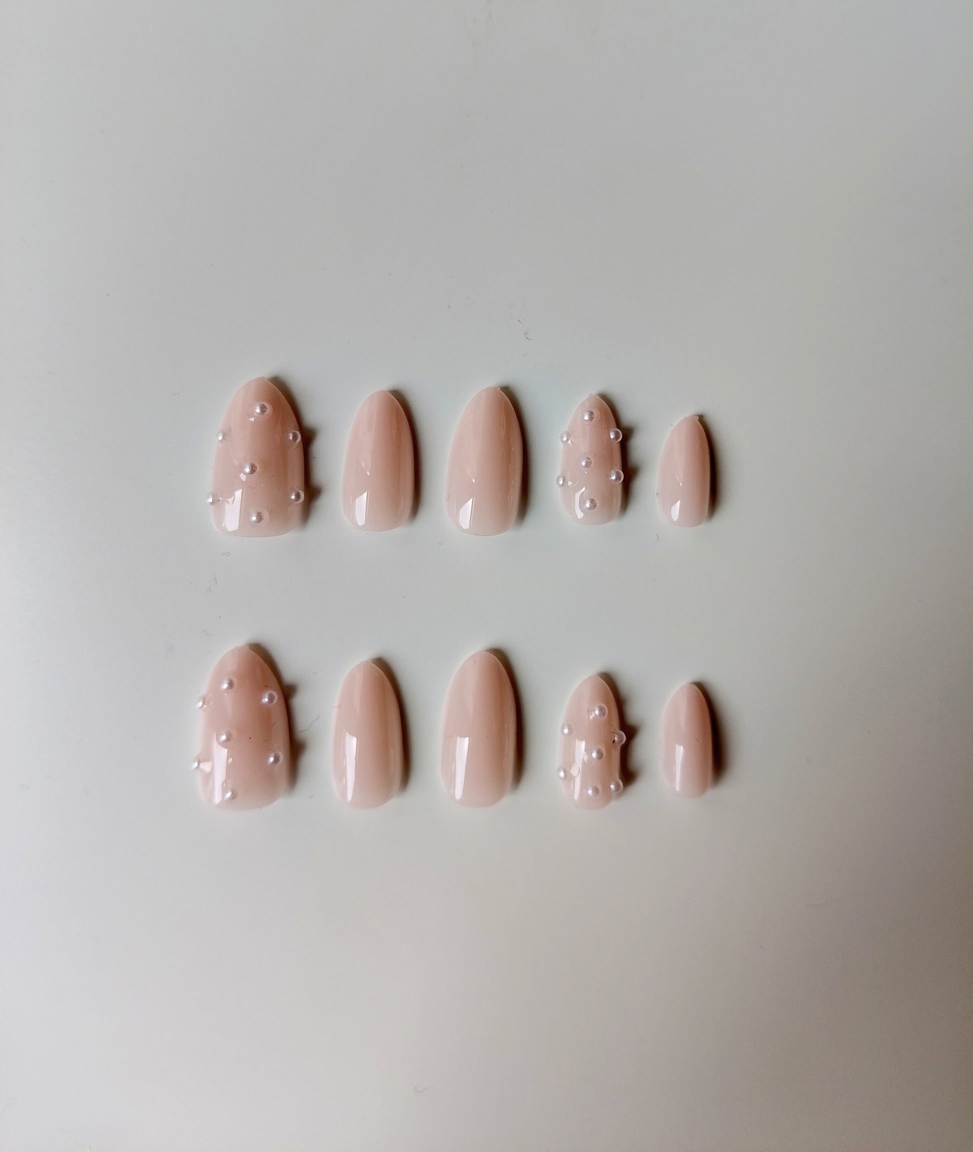 Elegant Nude Pearl Press-On Nails – Long Almond | Justmee Reusable 30-Piece Set