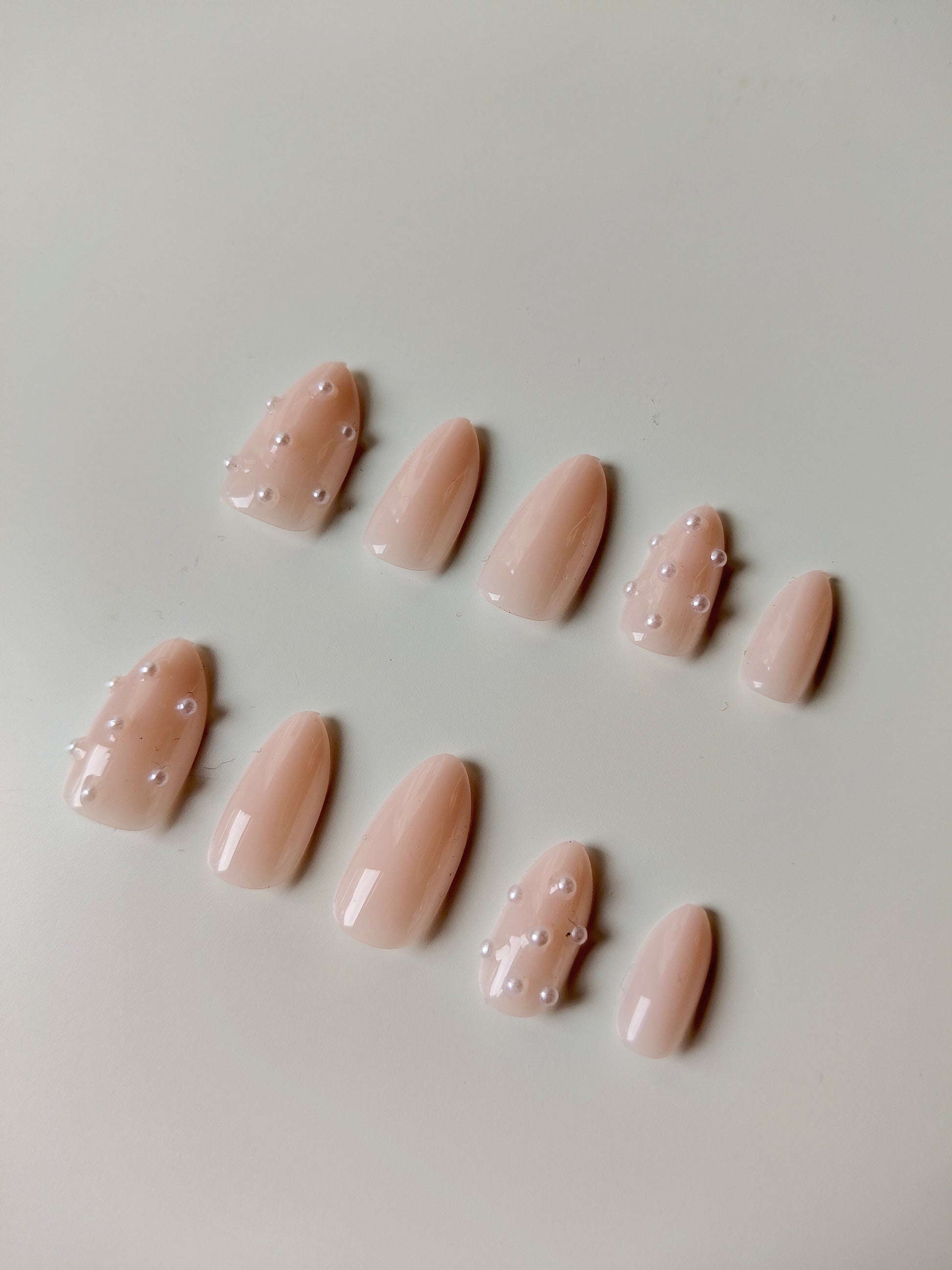 Elegant Nude Pearl Press-On Nails – Long Almond | Justmee Reusable 30-Piece Set