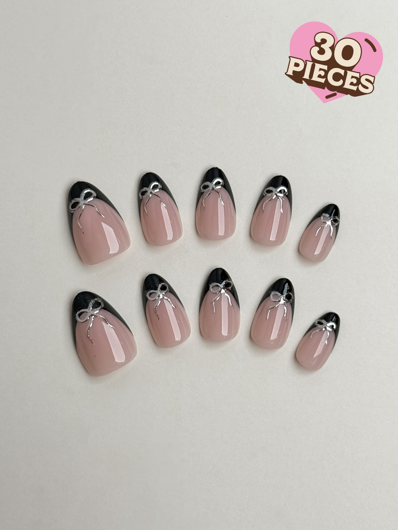 Silver Ribbon Noir -30 pcs press-on nails