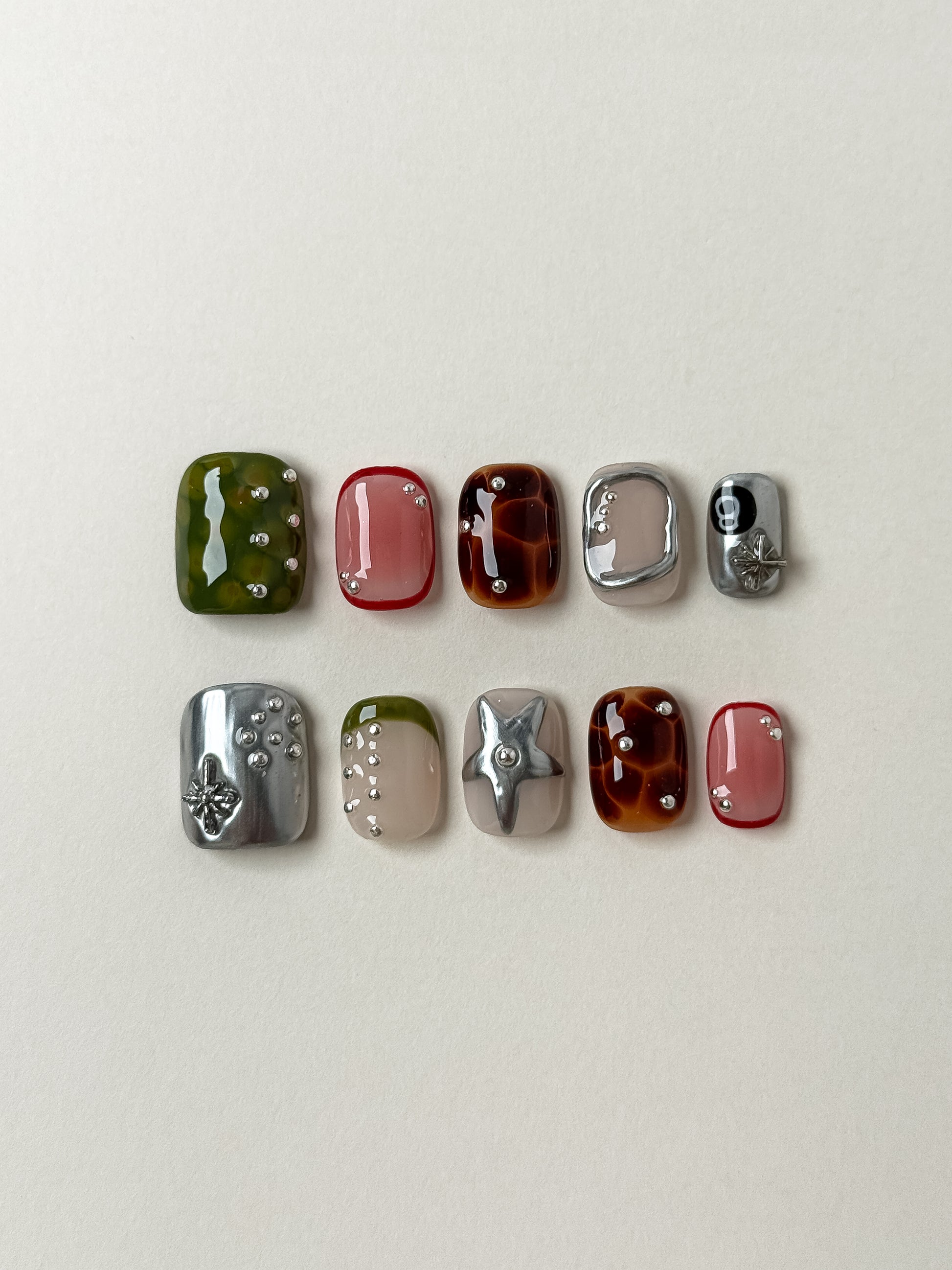 Urban Edge Mix – Tortoise, Chrome & Olive Press-On nails set