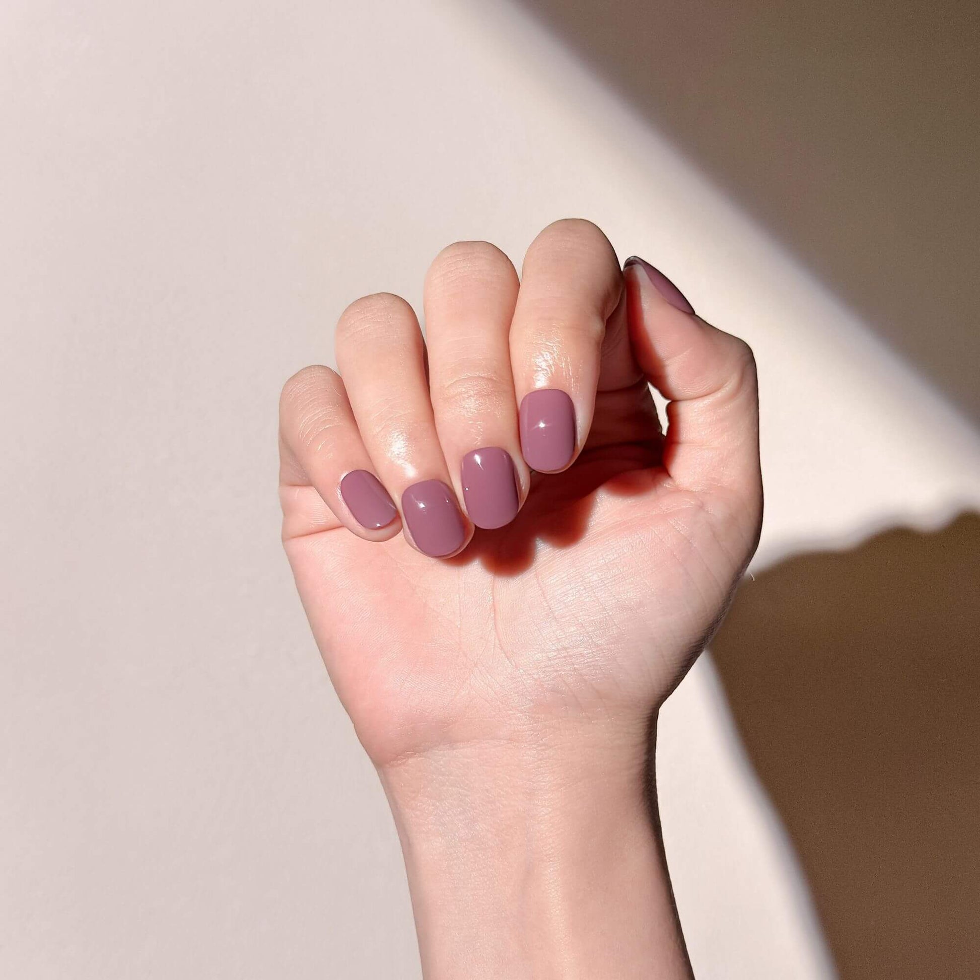 Hand model wearing elegant dusty rose short press-on nails.