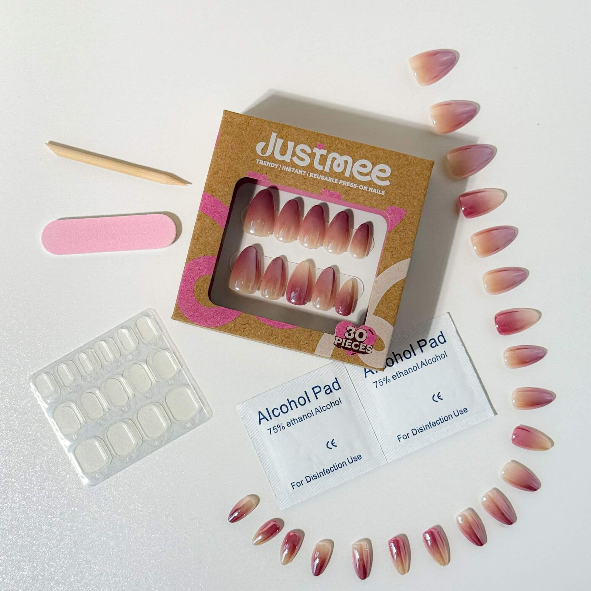 Justmee Rosé Veil professional press-on nail kit: 30 pieces of glossy sheer mauve artificial nails in short almond shape.