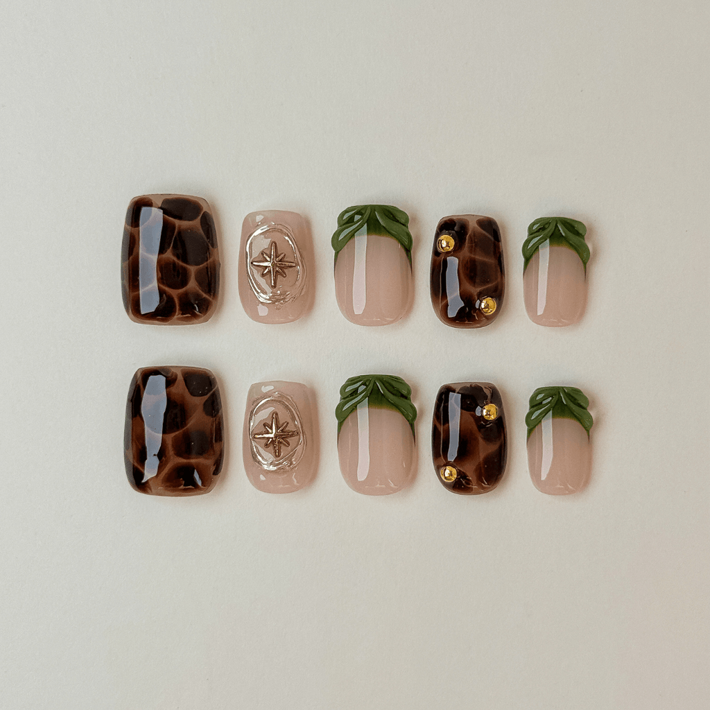 Amber Arch | Dark Tortoise & 3D Olive Ribbon Press-On Nails