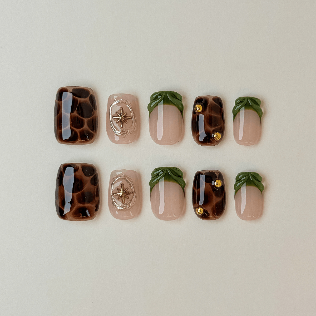 Amber Arch | Dark Tortoise & 3D Olive Ribbon Press-On Nails