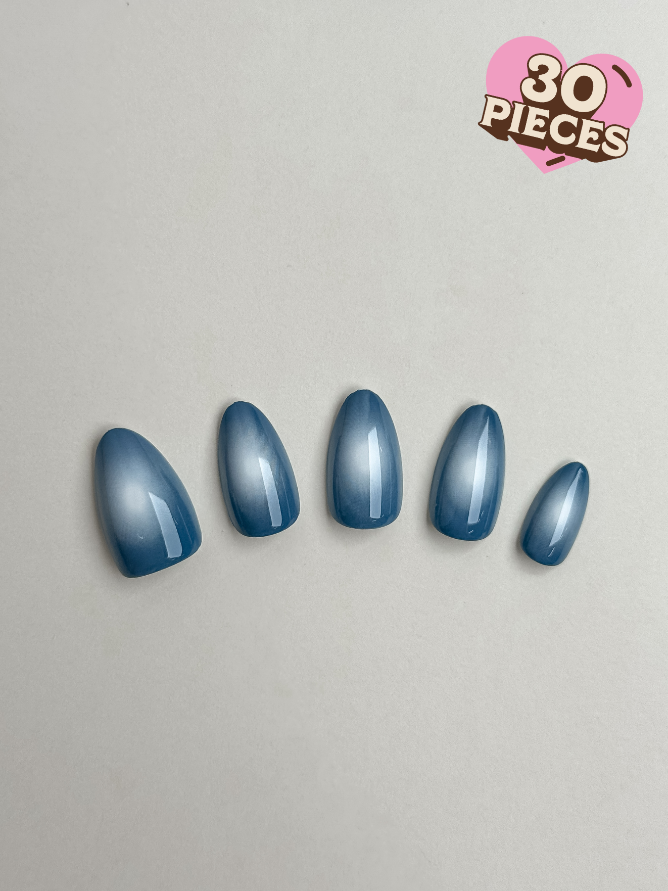 dusty blue magnetic velvet press-on nails with silver aura shimmer.